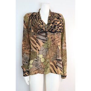 VINTAGE WOMEN'S BROWN PRINT BUTTON-UP BLOUSE W/ ATTACHED SCARF SAINT GERMAIN - S